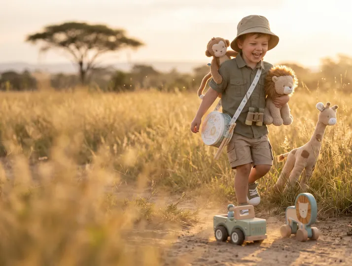 Kisfiú szafari-kalandon a szavannán Little Dutch Safari Friends oroszlánnal, zsiráffal, majommal, dobbal és fa szafari autóval