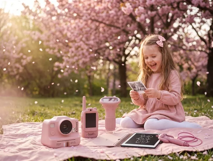 Kislány cseresznyevirágos kertben KidLupe fényképezővel, walkie-talkie-val, mikroszkóppal, 3D tollal és rajztáblával