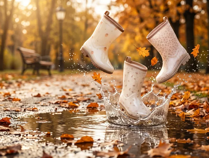 Ugorj bele! Mrs Ertha Wellies gumicsizmák csobbannak egy őszi pocsolyába