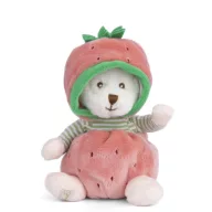 Bukowski Ziggy Strawberry plüssmaci rózsaszín eper jelmezben és zöld csíkos pulóverben, szemből fotózva