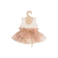 Mrs Ertha Blush játék babaruha tüll szoknyával és aranyszínű masnival papír vállfán