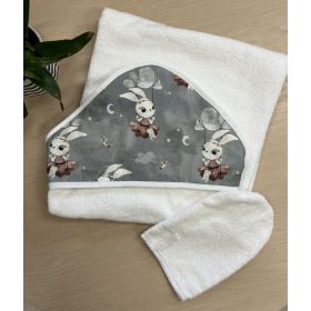   Happy kapucnis törölköző fürdőkesztyűvel - Hinta nyulinta szürke