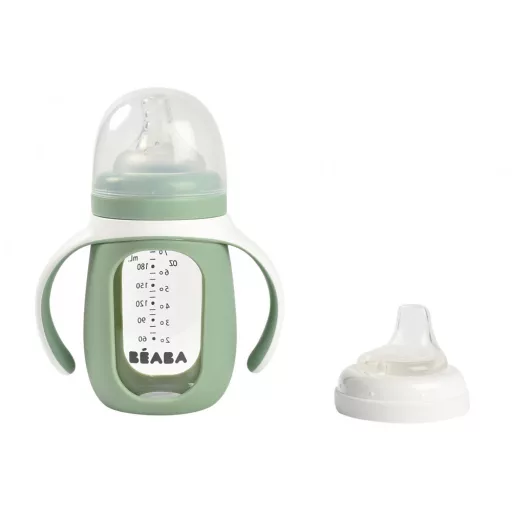 Béaba 2 az 1-ben Tanuló cumisüveg 210 ml + Szilikon borítással - Zsályazöld