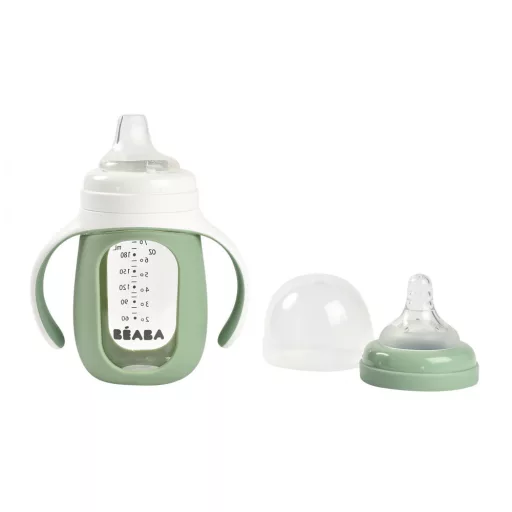 Béaba 2 az 1-ben Tanuló cumisüveg 210 ml + Szilikon borítással - Zsályazöld