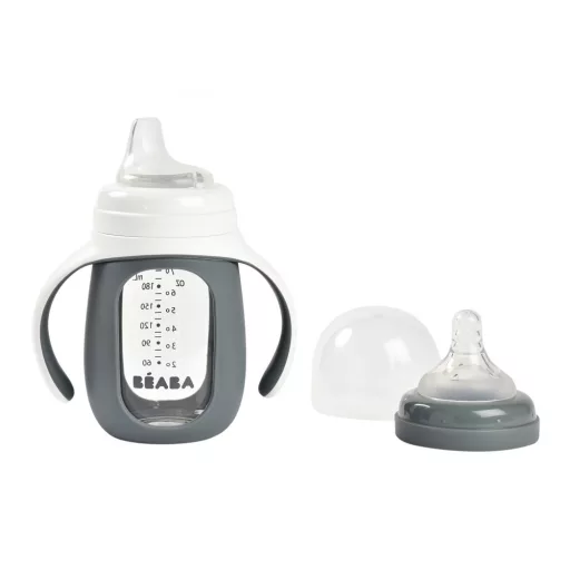 Béaba 2 az 1-ben Tanuló cumisüveg 210 ml + Szilikon borítással - Sötétszürke