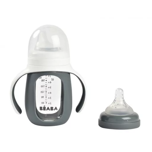 Béaba 2 az 1-ben Tanuló cumisüveg 210 ml + Szilikon borítással - Sötétszürke
