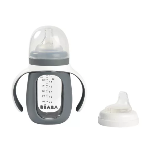Béaba 2 az 1-ben Tanuló cumisüveg 210 ml + Szilikon borítással - Sötétszürke