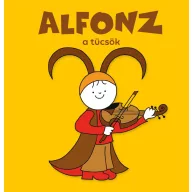 Bartos Erika Alfonz, a tücsök című kemény táblás mesekönyvének sárga borítója hegedülő tücsökkel