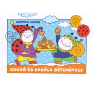 Bogyó és Babóca süteményei könyvborító hóeséssel és tálca mézeskaláccsal