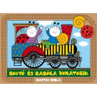 Bogyó és Babóca vonatozik keménytáblás mesekönyv borítója színes mozdonyon integető figurákkal