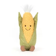 Jellycat mosolygós kukorica plüss sárga szemcsés textúrával és zöld levelekkel