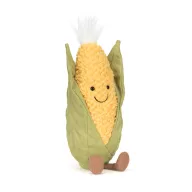 Jellycat mosolygós kukorica plüss sárga szemcsés textúrával és zöld levelekkel