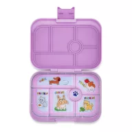 Yumbox Original 6 rekeszes lila uzsonnás doboz nyitva kutyás és macskás mintájú belső tálcával