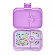 Yumbox Panino 4 rekeszes lila uzsonnás doboz nyitott állapotban Ami Purple Friendship mintás belső tálcával