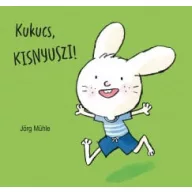 Kukucs, kisnyuszi! lapozó mesekönyv borítója futó fehér nyuszival