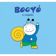 Bogyó, a csigafiú keménytáblás mesekönyv kék borítója az integető figurával