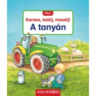 Mini Keress, találj, mesélj! A tanyán keménytáblás könyv borítója zöld traktorral és cicával