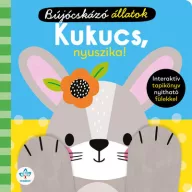 Kukucs, nyuszika! interaktív tapikönyv nyitható fülekkel borítója szürke nyuszival és virággal