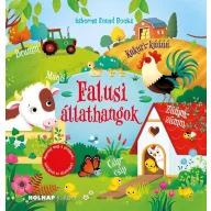 Falusi állathangok könyvborító tehénnel, kakassal és nyomógomb jelzéssel a Holnap Kiadótól