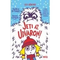 Jeti az udvaron! - Izzy könyvek borítója kék sapkás kislánnyal és fehér szőrös lénnyel