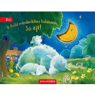 A Hold mindenkihez beköszön Jó éjt mesekönyv borítója alvó báránnyal és puha plüss holddal