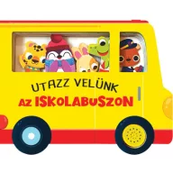 Utazz velünk az iskolabuszon sárga hangmodulos könyv ablakban állatfigurákkal
