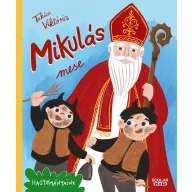 Mikulás mese könyv borítója Szent Miklóssal és két krampusznak öltözött gyerekkel