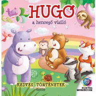 Hugó, a hencegő víziló mesekönyv borítója a lila vízilóval, macival és erdei állatokkal