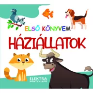 Háziállatok Első könyvem lapozó borítója kutya, cica, bika, madár és hal figurákkal