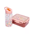 Petit Monkey korall színű szívószálas kulacs és a hozzá illő Macaron Pops uzsonnás doboz