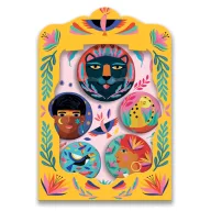 Djeco Wild lovely badges kreatív kitűzőkészítő szett doboza és a benne található elemek