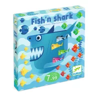 Djeco Fish'n Shark Cápácska társasjáték doboza nagy kék cápával és színes halakkal