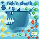 Djeco Fish'n Shark társasjáték elölnézeti képe a barátságos kék cápa illusztrációjával