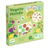 Djeco Vegeto Mondo képes lottó és évszakok társasjáték zöld doboza gyümölcsökkel és fákkal