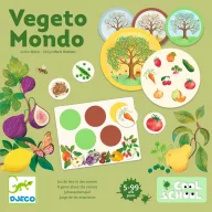 Djeco Vegeto Mondo képes lottó és évszakok társasjáték zöld doboza gyümölcsökkel és fákkal