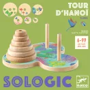 Djeco Tour d'Hanoï fa logikai toronyépítő játék zöld doboza és a színes mintás fa elemek