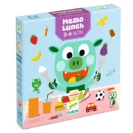 Djeco Memo Lunch memóriajáték kék doboza vidám zöld szörnyeteggel és színes ételekkel