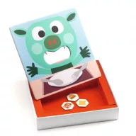 Djeco Memo Lunch memóriajáték kék doboza vidám zöld szörnyeteggel és színes ételekkel