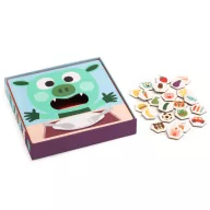 Djeco Memo Lunch memóriajáték kék doboza vidám zöld szörnyeteggel és színes ételekkel