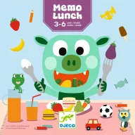 Djeco Memo Lunch memóriajáték kék doboza vidám zöld szörnyeteggel és színes ételekkel
