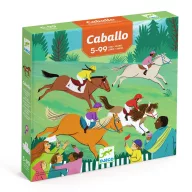 Djeco Caballo lóverseny társasjáték illusztrált zöld doboza vágtató lovakkal és zsokékkal