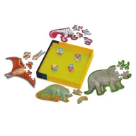 Djeco Dinoroll dínós társasjáték kék doboza zöld diplodocus kirakóval és színes betűs kockákkal
