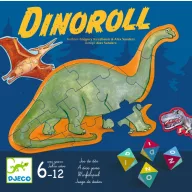 Djeco Dinoroll dínós társasjáték kék doboza zöld diplodocus kirakóval és színes betűs kockákkal