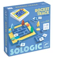 Djeco Útkereső Rocket Track Sologic logikai játék kék doboza fa rakétákkal és feladványokkal
