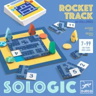 Djeco Útkereső Rocket Track Sologic logikai játék kék doboza fa rakétákkal és feladványokkal