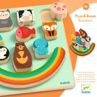 Djeco Puzz and Boom Rainbow szivárvány formaillesztő és egyensúlyépítő játék színes fa elemekkel
