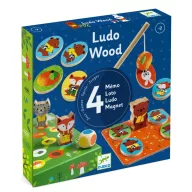 Djeco Ludo Wood Négy pajti 4 az 1-ben társasjáték doboza színes fa figurákkal