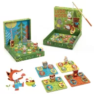 Djeco Ludo Wood Négy pajti 4 az 1-ben társasjáték doboza színes fa figurákkal