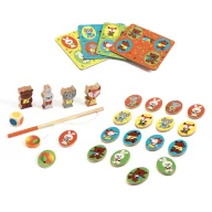 Djeco Ludo Wood Négy pajti 4 az 1-ben társasjáték doboza színes fa figurákkal
