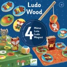 Djeco Ludo Wood Négy pajti 4 az 1-ben társasjáték doboza színes fa figurákkal